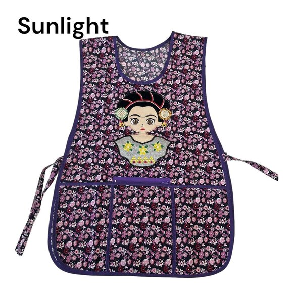 MEXICAN BRAND Apron O/S Purple Floral Frida Kahlo Embroidery Design Front Pocket - Picture 1 of 7